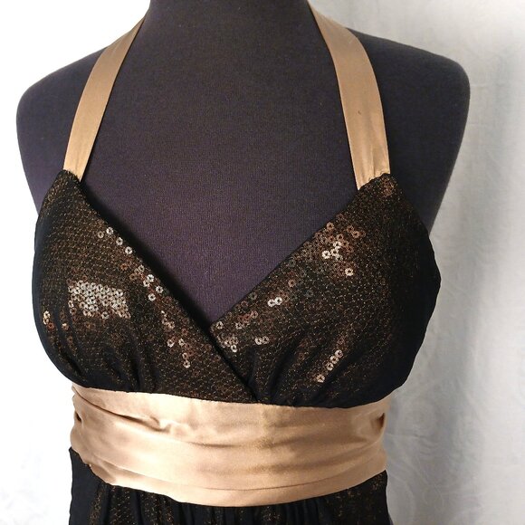 Gold & Black Halter Party Dress with bow at back - Picture 2 of 6